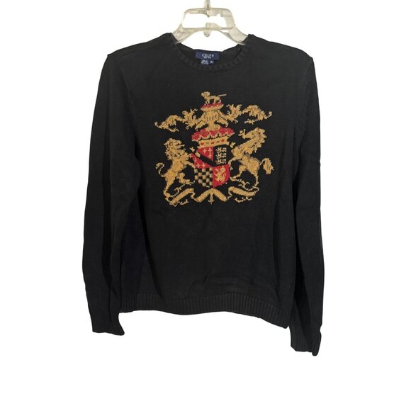 Chaps Mens XL Black Sweater Regal Lion Crest Embroidery 100% Cotton Coat of Arms - Picture 1 of 5